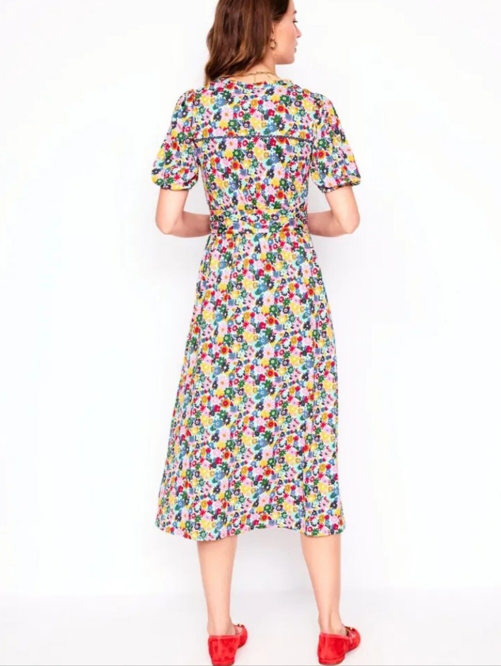 Boden Sofia Trim Jersey Midi Dress Floral Pink Multicolor Belred Waist Pockets - Picture 10 of 16